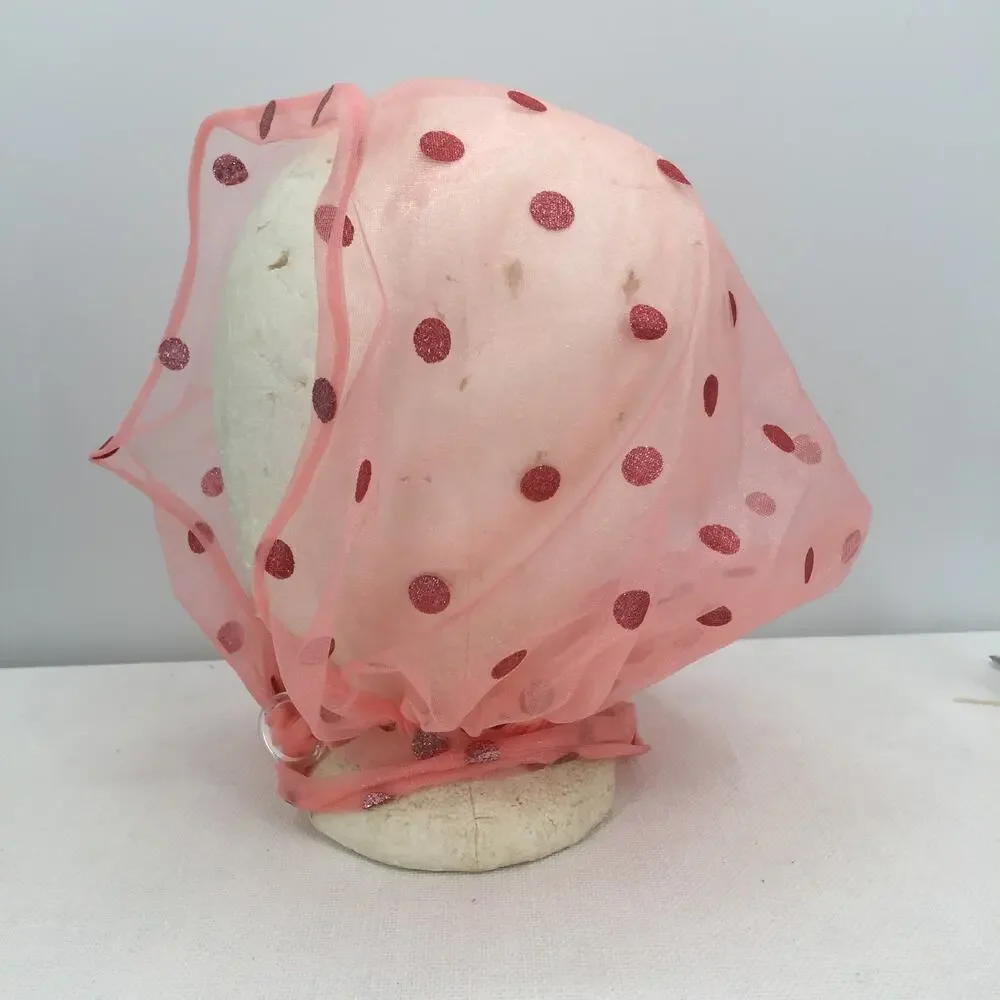 Women's Sheer Chiffon Polka Dot Head Scarf Neck Tie Pink Bonnet Curlers Coverup